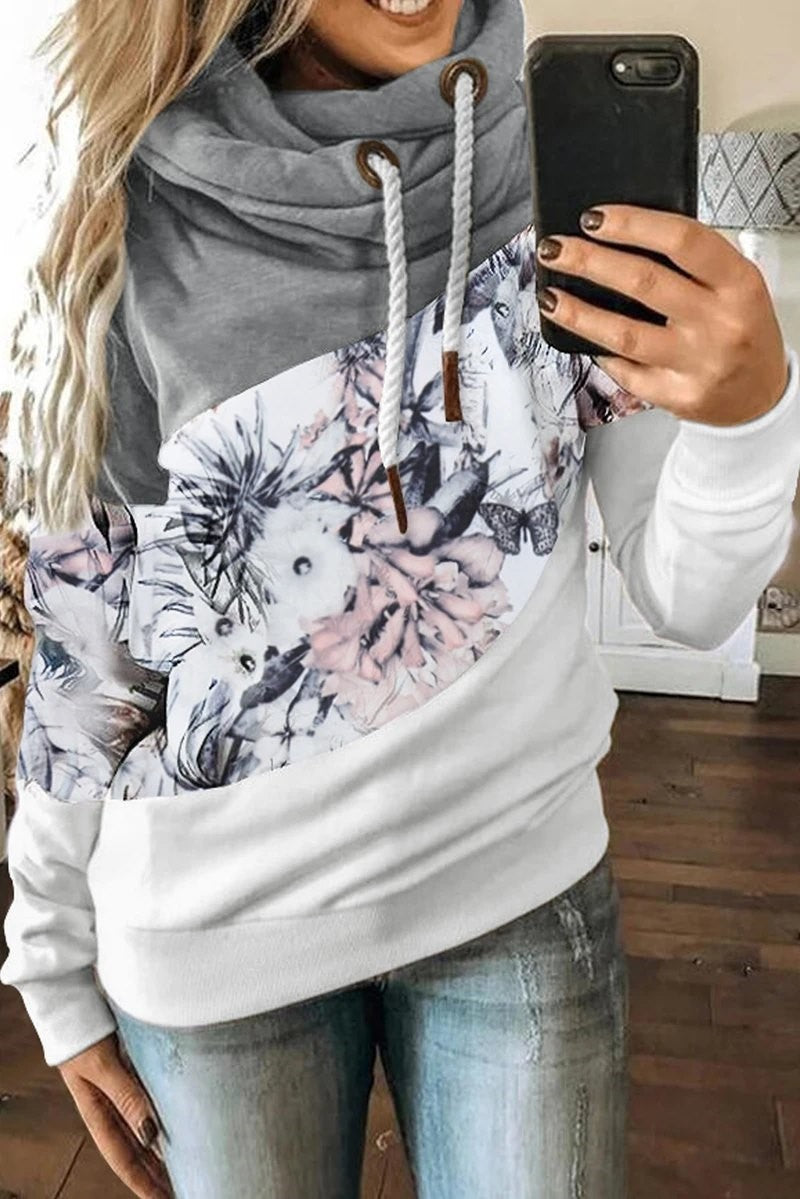 Floral Animal Print Color Block Long Sleeves Hoodie