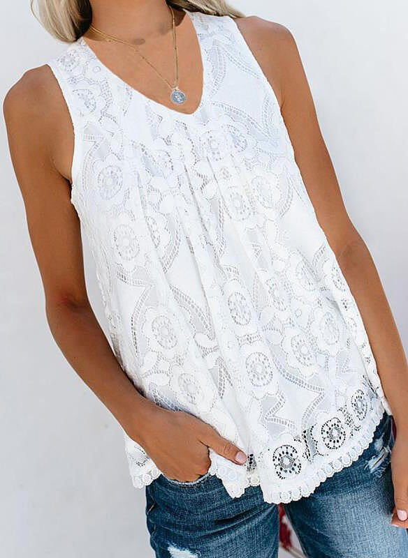 White Solid Lace Plus Size V-Neck Sleeveless Casual Tank Tops