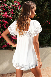White Lace Pom Pom Splicing Square Neck Blouse