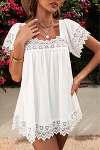 White Lace Pom Pom Splicing Square Neck Blouse