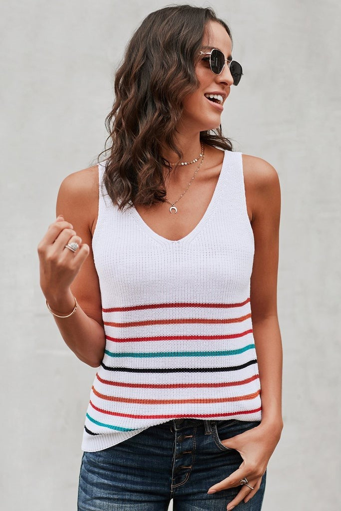White Multicolor Stripes Knit Tank Top