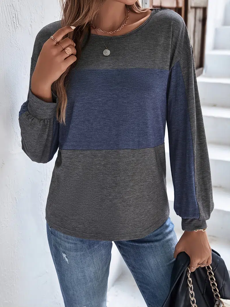 Casual Blue and Grey Color Block T-Shirt