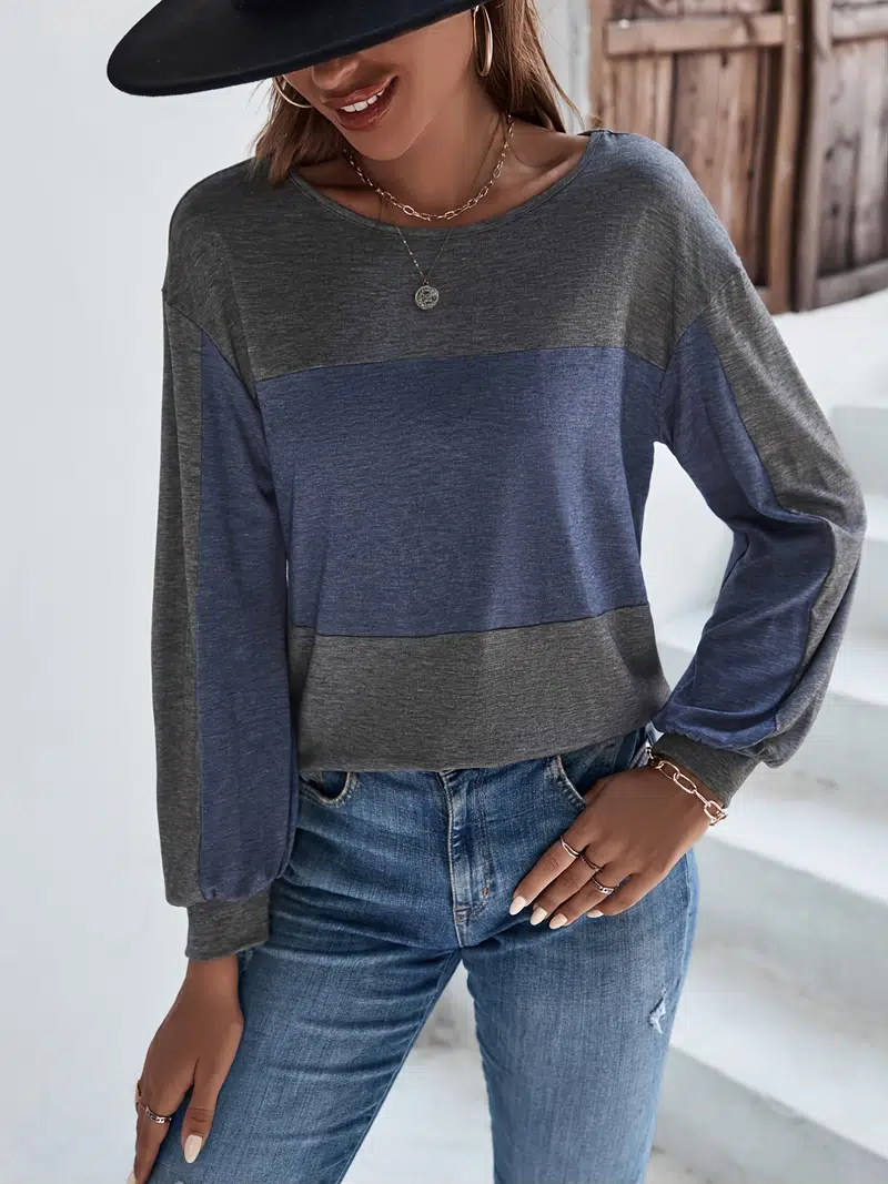 Casual Blue and Grey Color Block T-Shirt