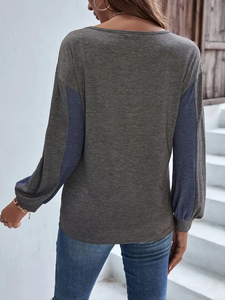 Casual Blue and Grey Color Block T-Shirt