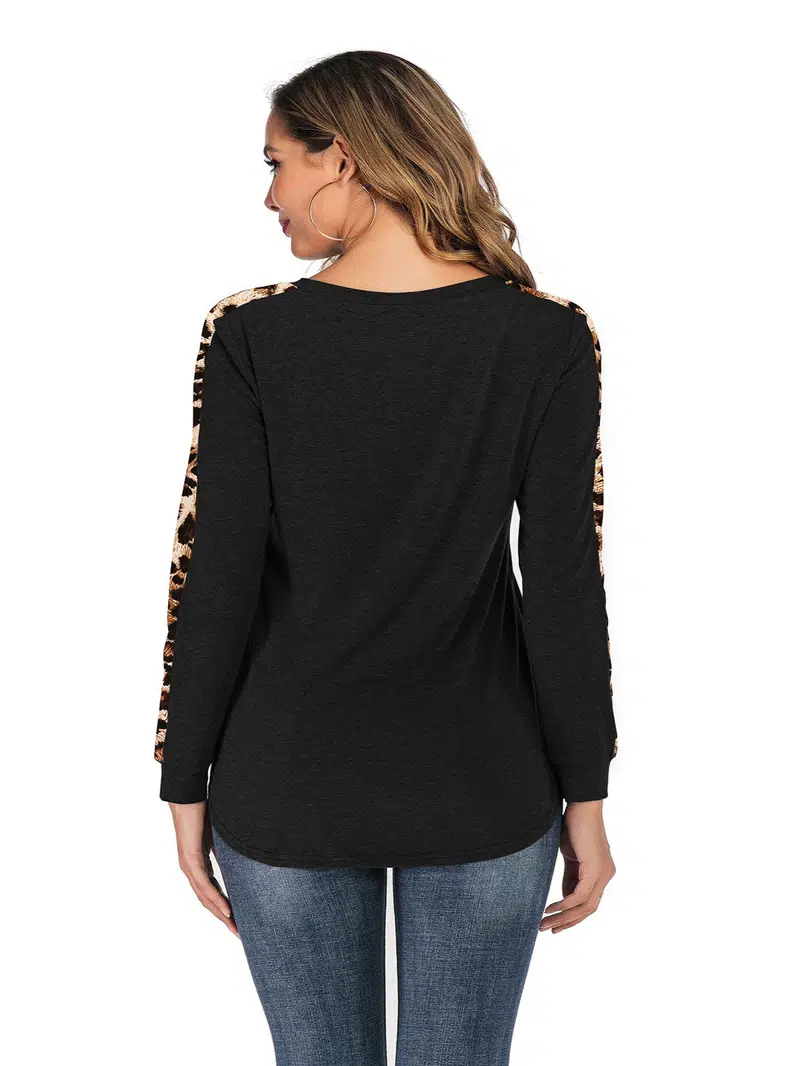 Women's Black Leopard Print Contrast T-Shirt