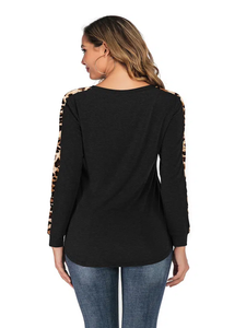 Women's Black Leopard Print Contrast T-Shirt